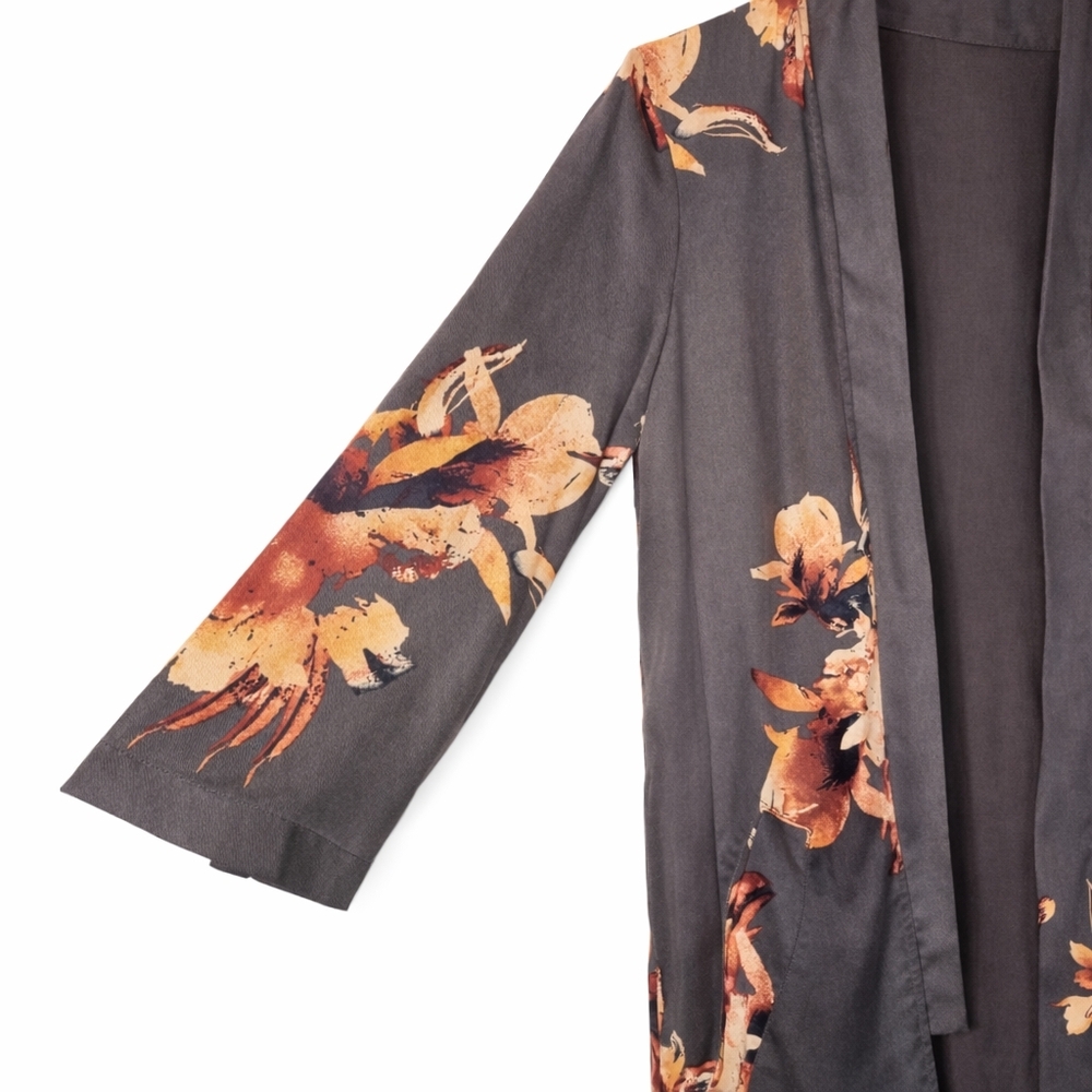 Free People Boho Floral Duster Kimono Cardigan Charcoal Grey Open Front S - Picture 4 of 12